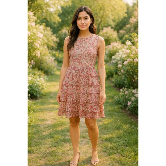 Anna Sui Dresses & Skirts - Anna Sui Size 4 Silk Pink Floral Sleeveless Tiered Ruffle Dress Boho Party”